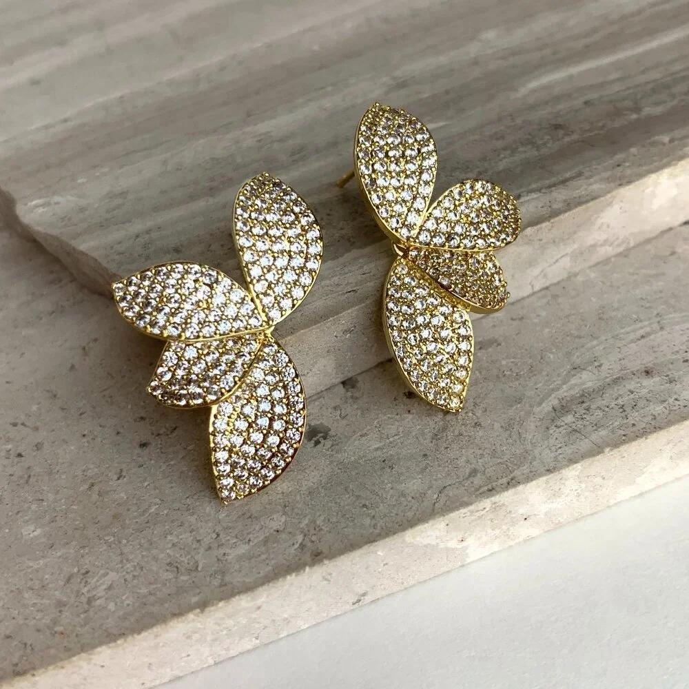 NEW~ Anthropologie Shashi "Alisa Stud" Pave Leaf Gold Earrings